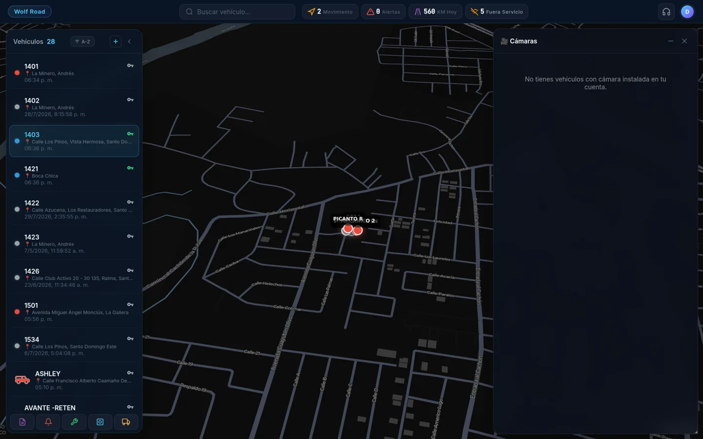 Vista de cámaras en vivo integradas al mapa de WolfTrak
