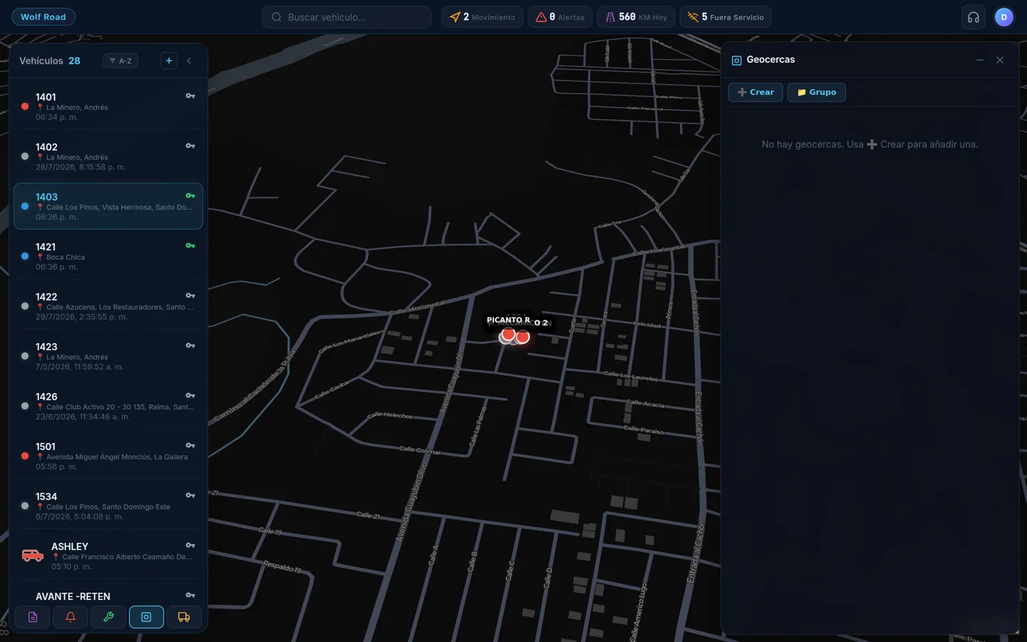 Geocercas dibujadas en el mapa de WolfTrak para controlar entradas y salidas de camiones