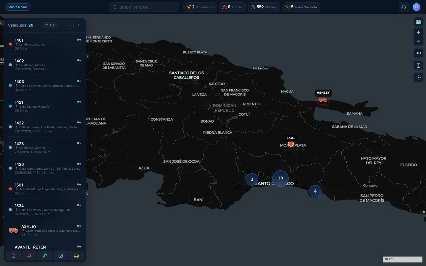 Mapa en vivo de la plataforma WolfTrak con los camiones de una flota en República Dominicana