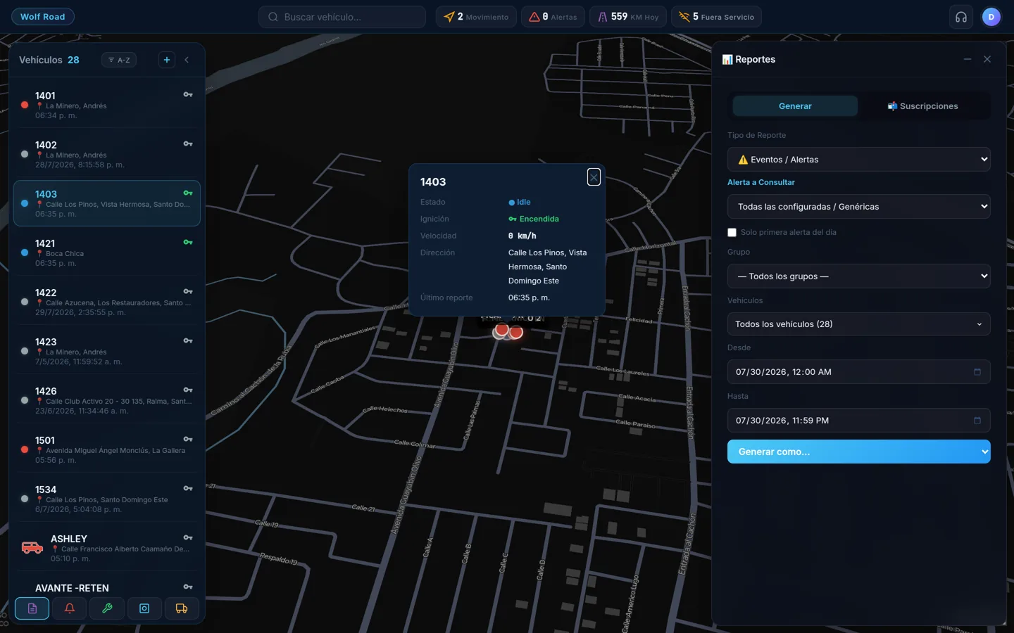 Reporte de recorridos y paradas de un camión en la plataforma WolfTrak