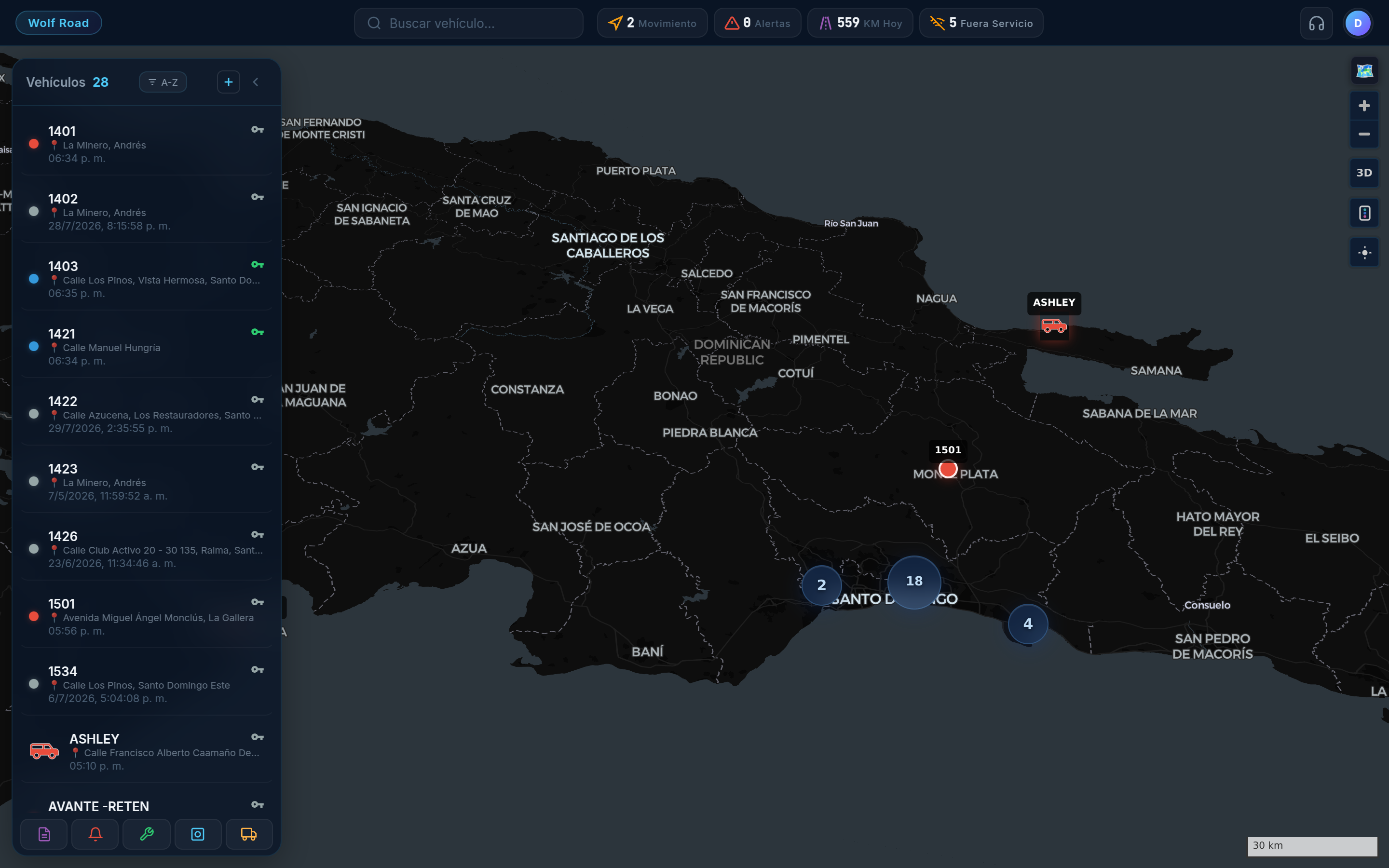 Pantalla principal con el mapa y la lista de vehículos